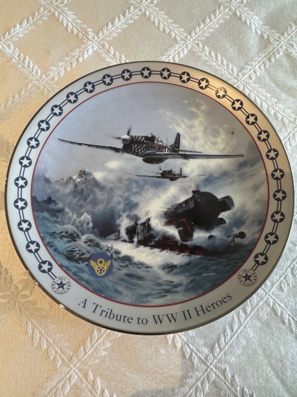 WWII Tribute Decorative Plate - Blue & White Aerial Scene
